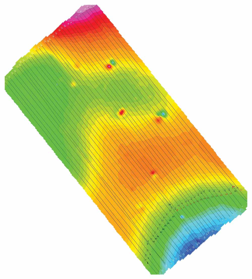 Magnetic maps –total field, analytic signal before seeding, and analytic signal after seeding; each “x” indicates target detect