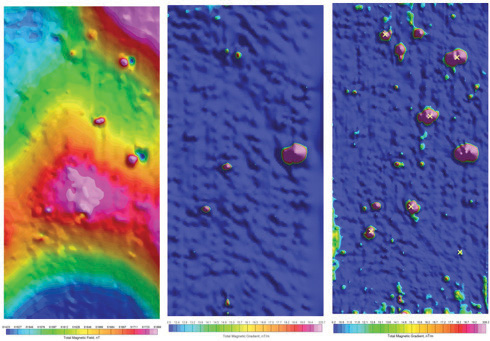 The left most image is the total field, the middle is the computed magnetic gradient (analytic signal) of the unseeded field, a