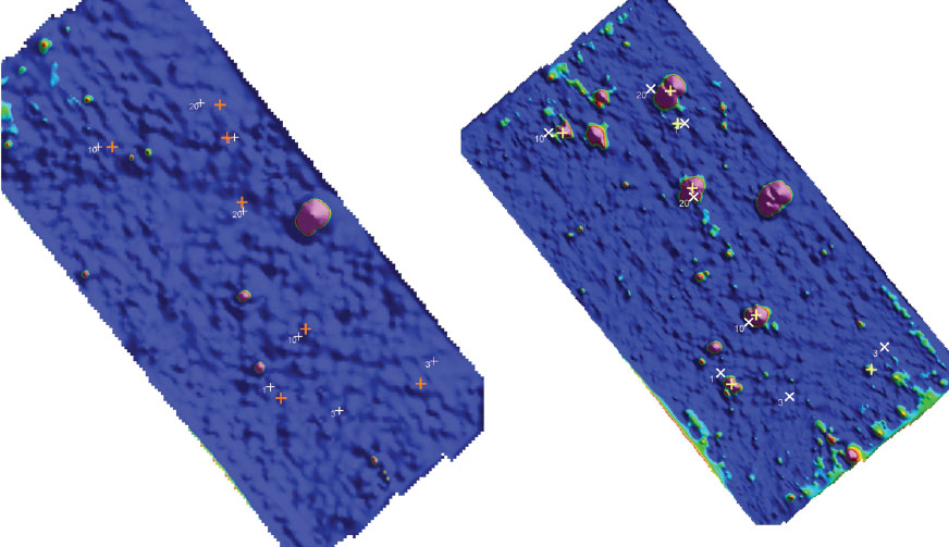 To the left is the magnetic analytic signal map of the unseeded survey area, showing target locations. To the right is the seede