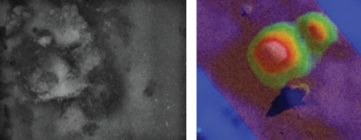 This rock formation correlated with a strong magnetic signature. The photograph is on the left and the combined magnetic analyti