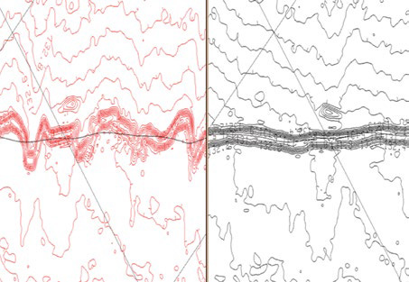 Map of a seabed pipeline’s location. The images, scanned from a subsea vehicle, show how Teledyne RDI bottom tracking (black ima
