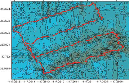 Track of a diver carrying a Teledyne RDI DVL, overlaid on map of bottom topography